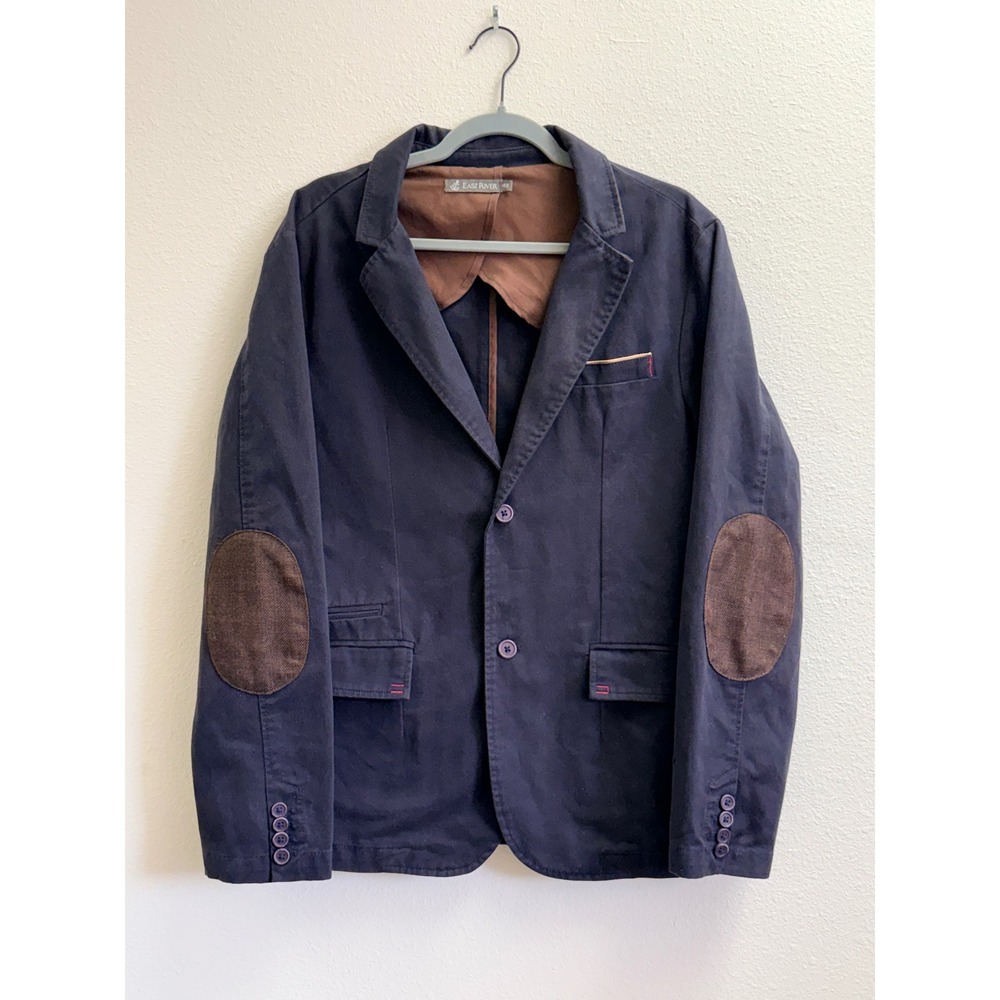 East River Mens Navy Blue Cotton Blazer Brown Elbow Patches Size 42 6708